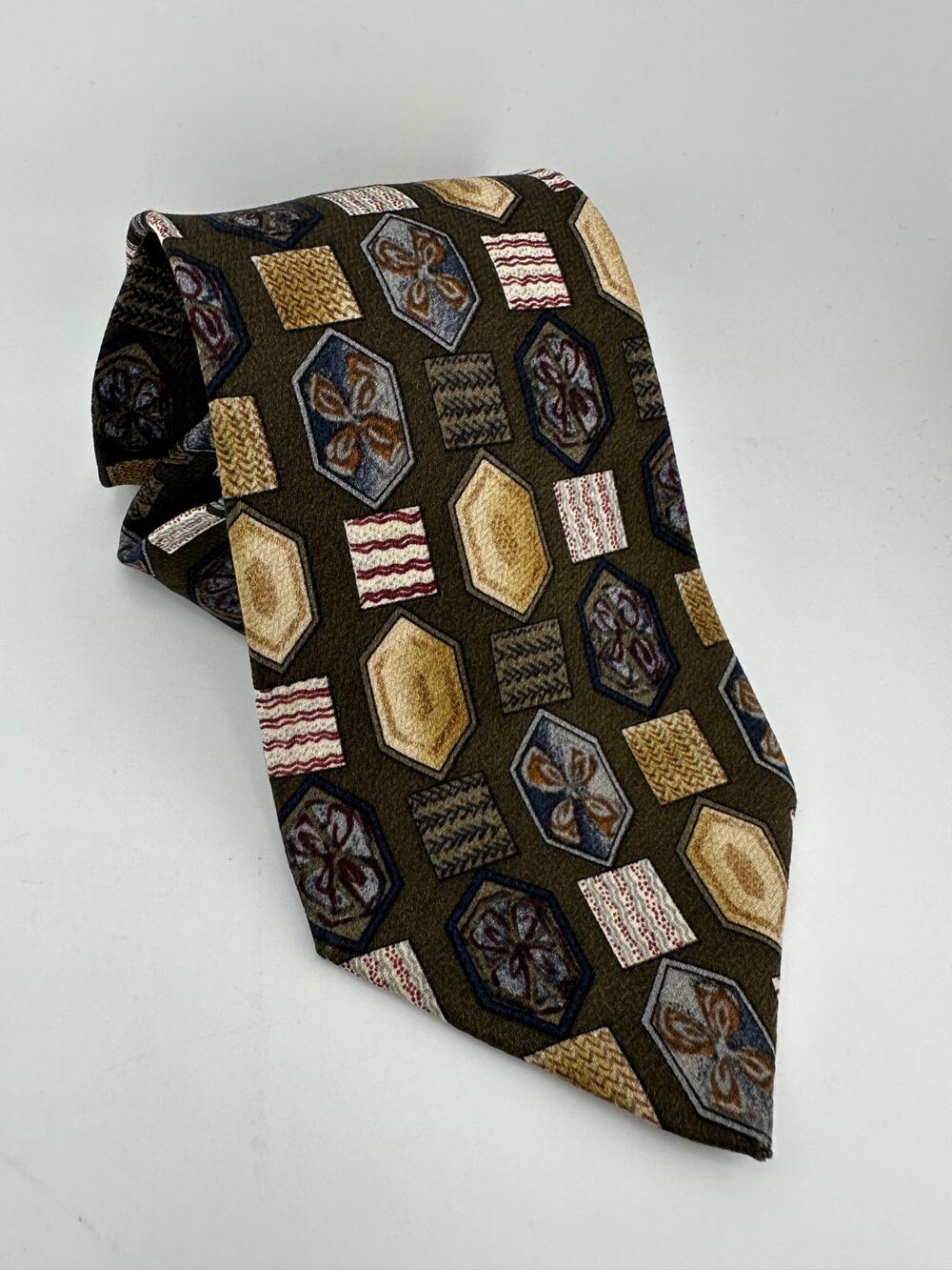 Grappa Silk Necktie Italy Geometric Medallion Olive Green Vintage